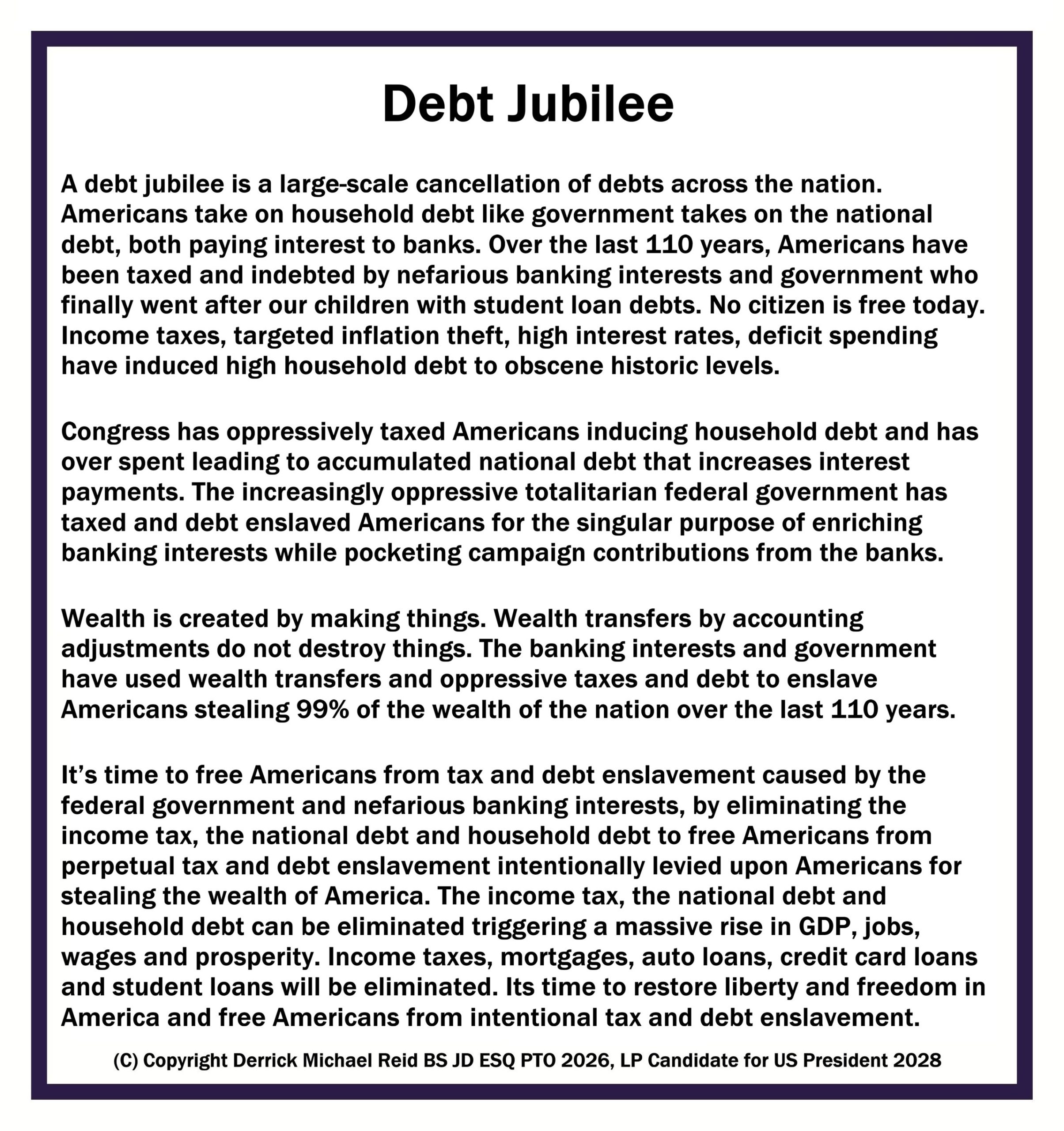 Derrick Michael Reid Debt Jubilee Proposal